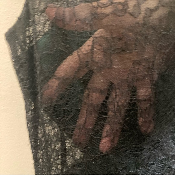 MONIQUE LHULLIER Sz 2 (estimated) Green Sheen Black Lace Top & Side Party Dress - Picture 8 of 11